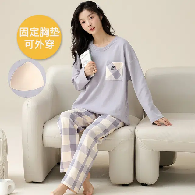 帕兰朵 纯棉春秋款长袖长裤圆领可爱卡通休闲宽松可外穿家居服女士睡衣套装 女款