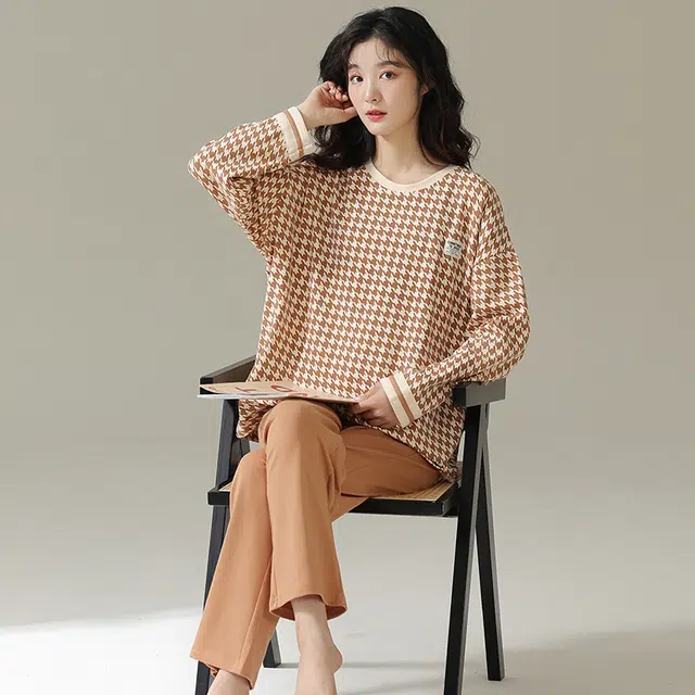 帕兰朵 春秋款带胸垫一体防走光女士甜美卡通秋冬可外穿家居服睡衣套装 女款