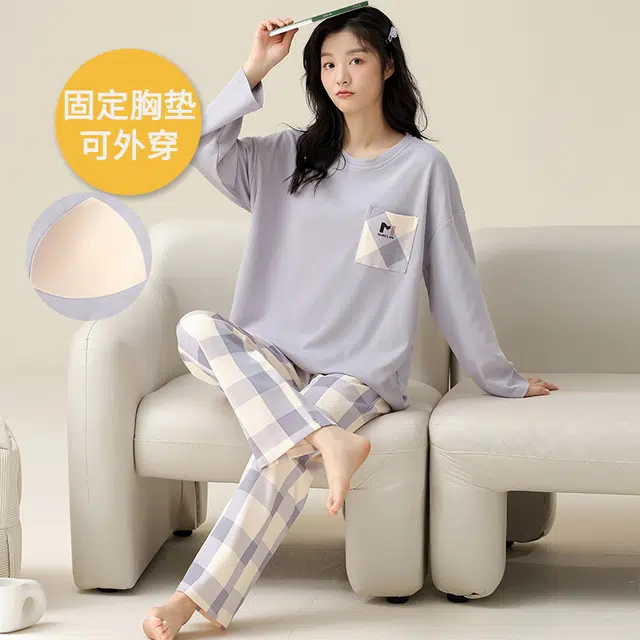 帕兰朵 纯棉春秋款长袖长裤圆领可爱卡通休闲宽松可外穿家居服女士睡衣套装 女款