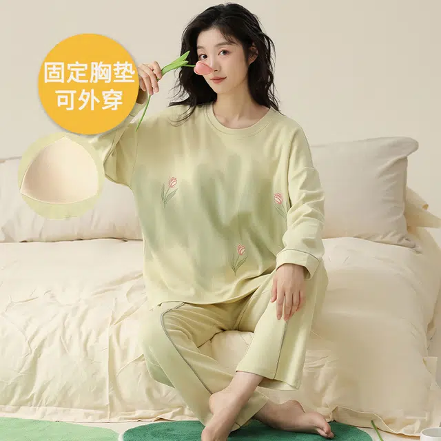 帕兰朵 春秋款带胸垫一体防走光女士甜美卡通秋冬可外穿女家居服睡衣套装 女款