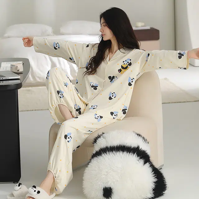 帕兰朵 春秋款长袖束脚卡通可爱开衫宽松少女生秋冬家居服纯棉女士睡衣套装 女款