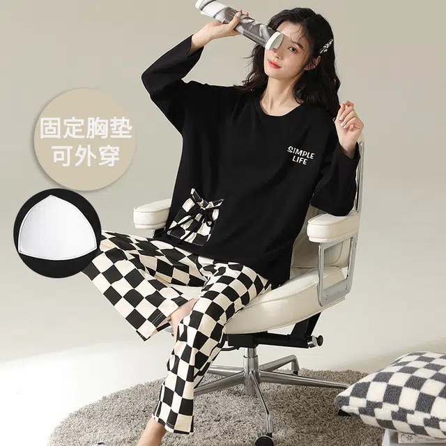 帕兰朵 纯棉春秋季带胸垫一体长袖格子长裤休闲可外穿家居服舒适睡衣套装 女款