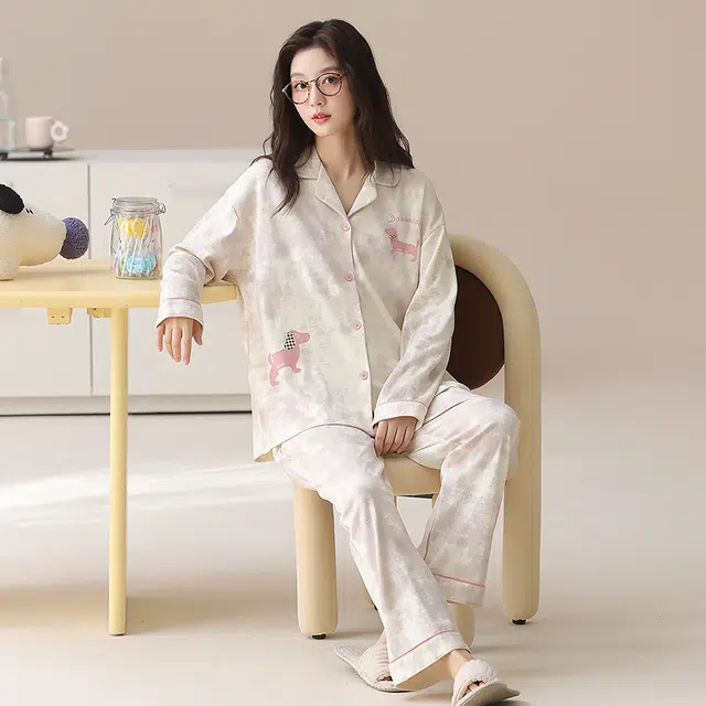 帕兰朵 纯棉女士春秋长袖长裤休闲开衫简约甜美家居服薄款可外穿睡衣套装 女款