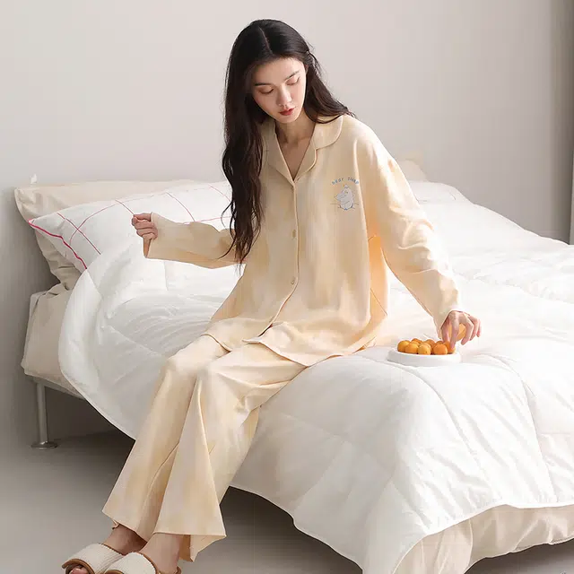 帕兰朵 春秋季纯棉长袖长裤可爱卡通小熊大码宽松家居服外穿睡衣套装 女款