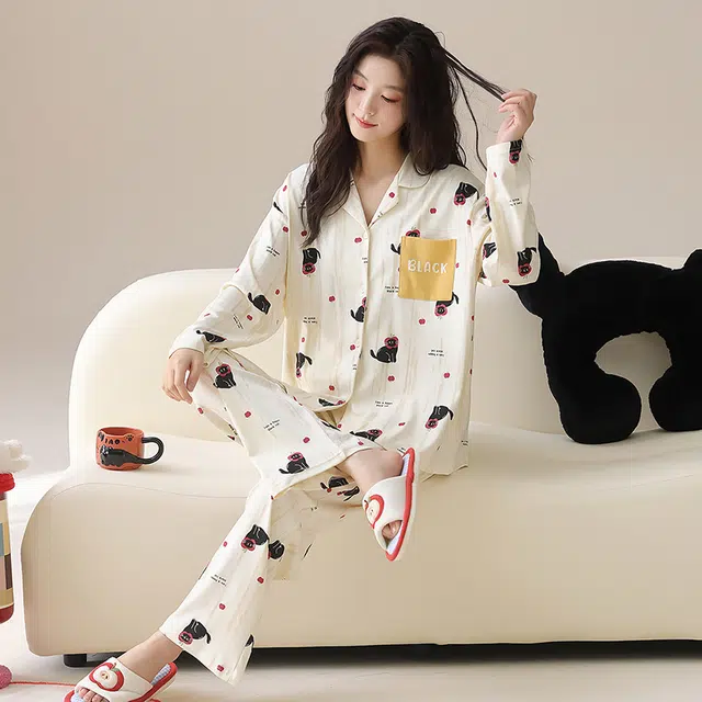 帕兰朵 纯棉女士春秋长袖长裤套装休闲开衫简约甜美家薄款可外穿家居服睡衣 女款