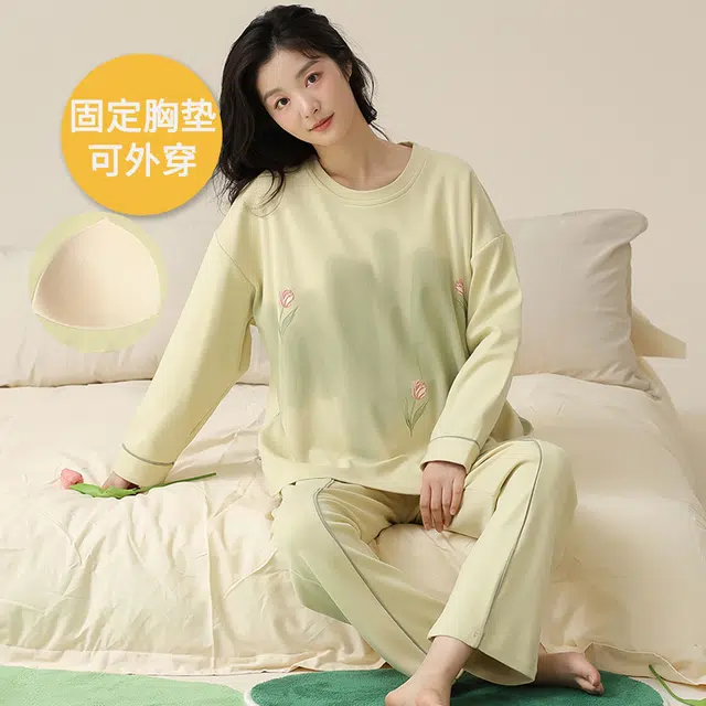 帕兰朵 春秋款带胸垫一体防走光女士甜美卡通秋冬可外穿女家居服睡衣套装 女款