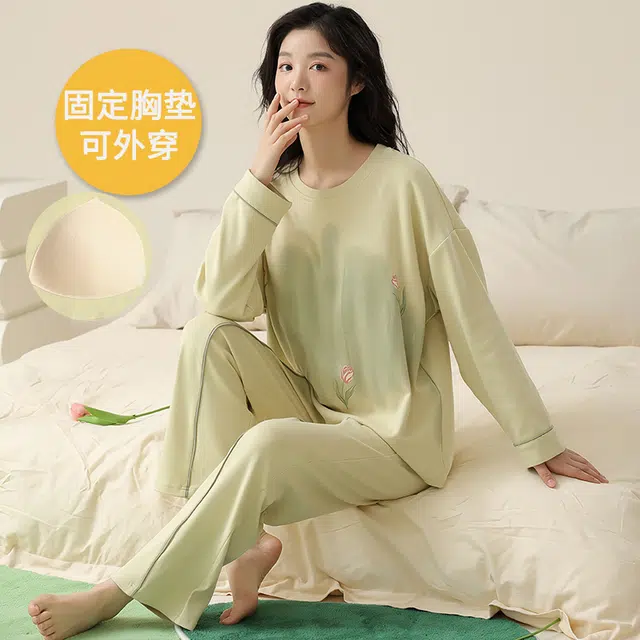 帕兰朵 春秋款带胸垫一体防走光女士甜美卡通秋冬可外穿女家居服睡衣套装 女款