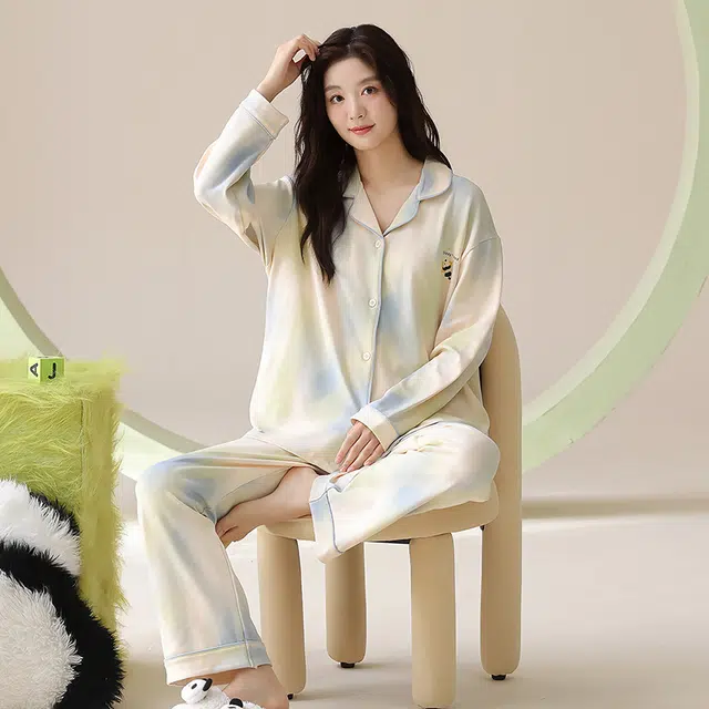 帕兰朵 纯棉女士春秋长袖长裤休闲简约开衫甜美可外穿家居服薄款睡衣套装 女款