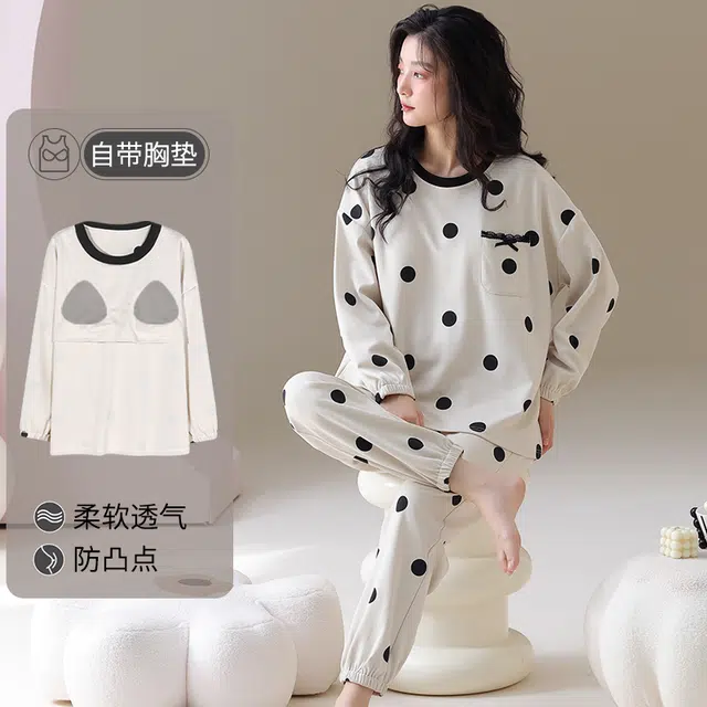 帕兰朵 春秋季纯棉长袖长裤圆领女士宽松全棉家居服舒适透气睡衣套装 女款