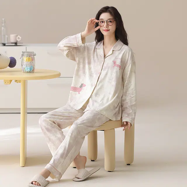 帕兰朵 纯棉女士春秋长袖长裤休闲开衫简约甜美家居服薄款可外穿睡衣套装 女款