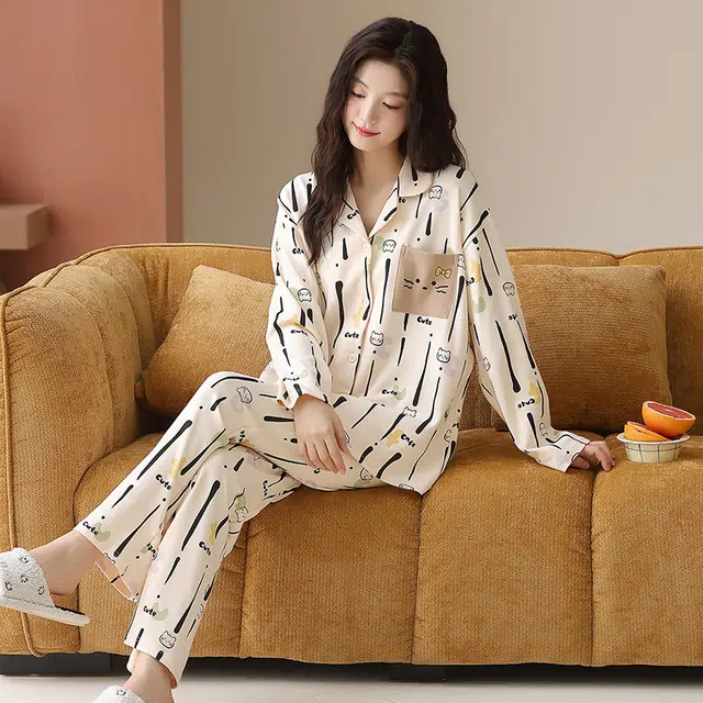 帕兰朵 春秋长袖长裤休闲开衫简约甜美家居服薄款可外穿纯棉女士睡衣套装 女款