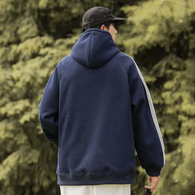 笔杏 美式复古条纹拼接连帽拼色学院风街头宽松百搭痞帅休闲慵懒卫衣 男女同款