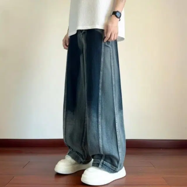 笔杏 嘻哈港风系列痞帅街头小众泼墨拼接设计高级感解构氛围感百搭弯刀微喇舒适日常通勤低腰时尚拖地牛仔裤 男女同款