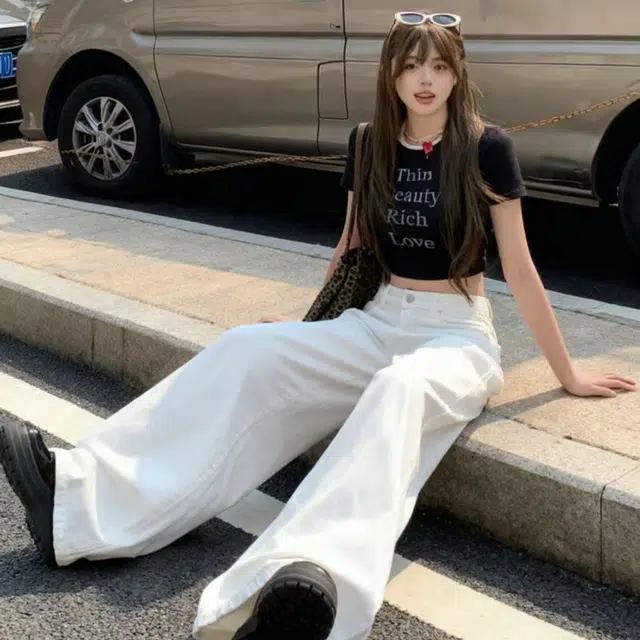 笔杏 白色高腰阔腿垂感束脚显瘦小个子拖地裤小众设计感慵懒风老爹裤垂直面料自带随性感牛仔裤 男女同款