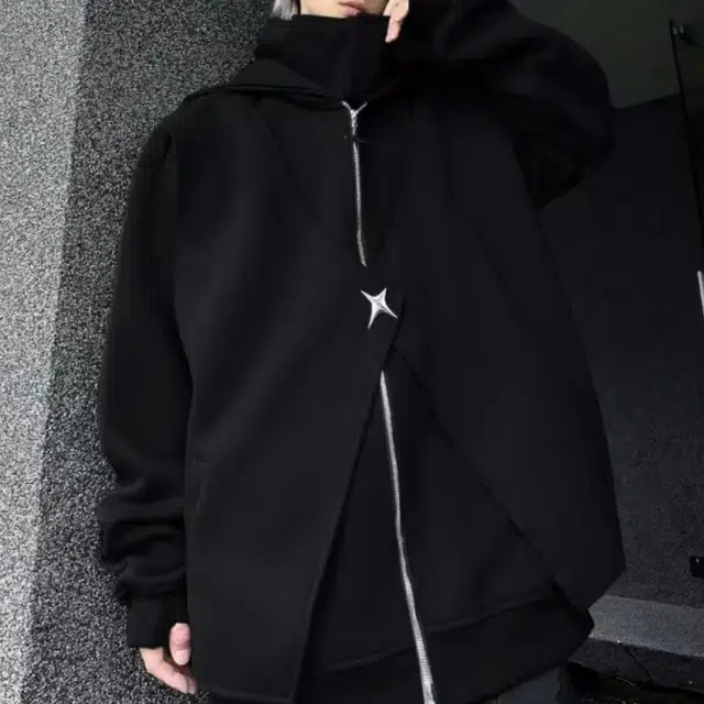 笔杏 静默美式复古高街重工机能暗黑废土风小众个性百搭设计宽松慵懒舒适城市日常通勤假两件痞帅连帽拉链开衫卫衣 男女同款