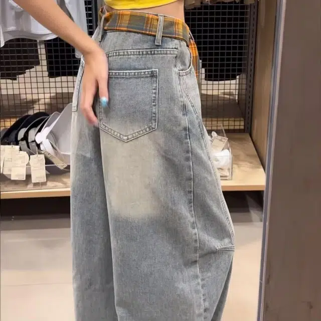 笔杏 刺绣腰带设计感款宽松显瘦直筒阔腿裤美式复古卡通蘑菇做旧潮流嘻哈元素牛仔裤 男女同款