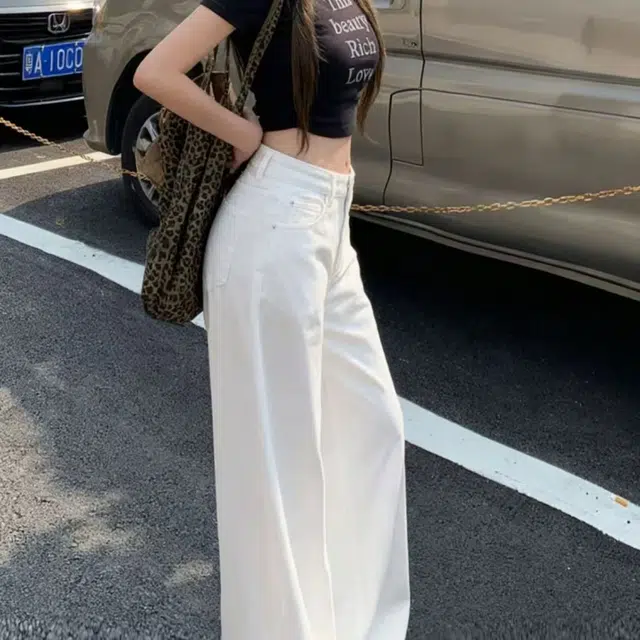 笔杏 白色高腰阔腿垂感束脚显瘦小个子拖地裤小众设计感慵懒风老爹裤垂直面料自带随性感牛仔裤 男女同款