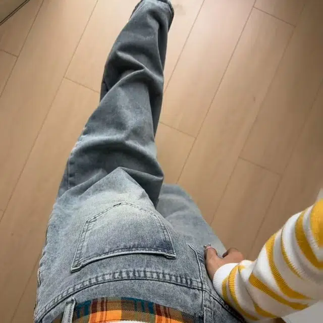 笔杏 刺绣腰带设计感款宽松显瘦直筒阔腿裤美式复古卡通蘑菇做旧潮流嘻哈元素牛仔裤 男女同款