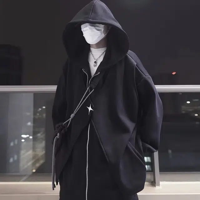笔杏 静默美式复古高街重工机能暗黑废土风小众个性百搭设计宽松慵懒舒适城市日常通勤假两件痞帅连帽拉链开衫卫衣 男女同款