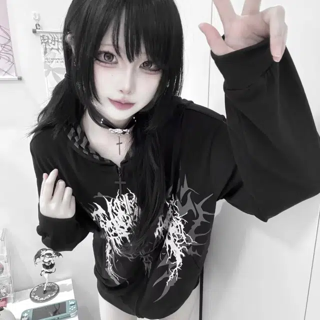 笔杏 美式复古街头潮流嘻哈哥特风宽松舒适拼接印花翅膀连帽开衫小众个性对称设计日常通勤亲肤情侣卫衣 男女同款