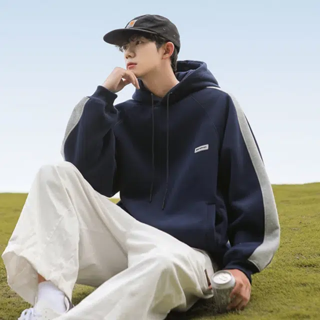 笔杏 美式复古条纹拼接连帽拼色学院风街头宽松百搭痞帅休闲慵懒卫衣 男女同款