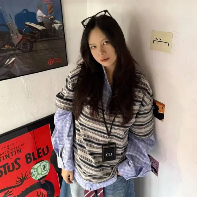 笔杏 韩系风格小众设计假两件条纹美式拼接潮牌痞帅时尚休闲宽松舒适百搭日常通勤欧式学院风港式上衣衬衫 男女同款