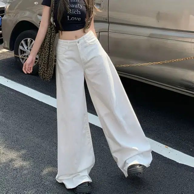 笔杏 白色高腰阔腿垂感束脚显瘦小个子拖地裤小众设计感慵懒风老爹裤垂直面料自带随性感牛仔裤 男女同款