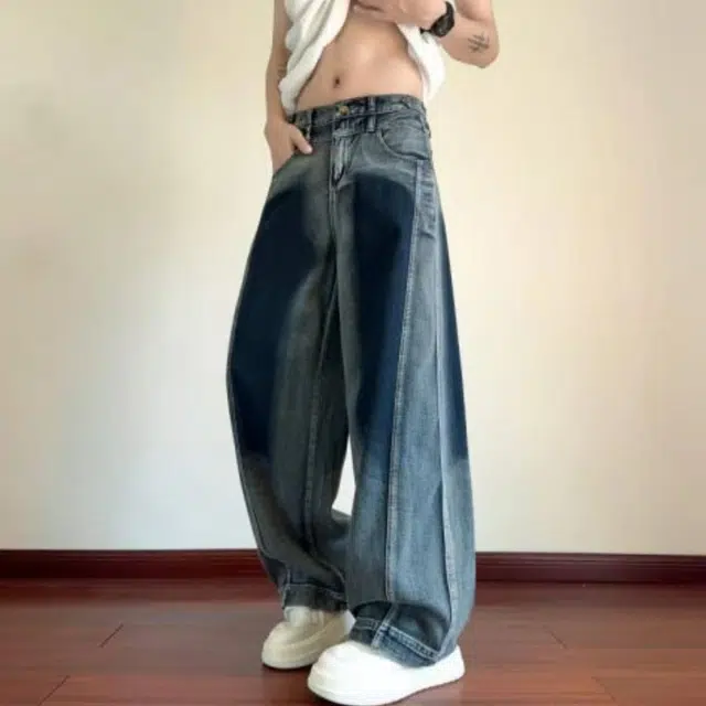 笔杏 嘻哈港风系列痞帅街头小众泼墨拼接设计高级感解构氛围感百搭弯刀微喇舒适日常通勤低腰时尚拖地牛仔裤 男女同款