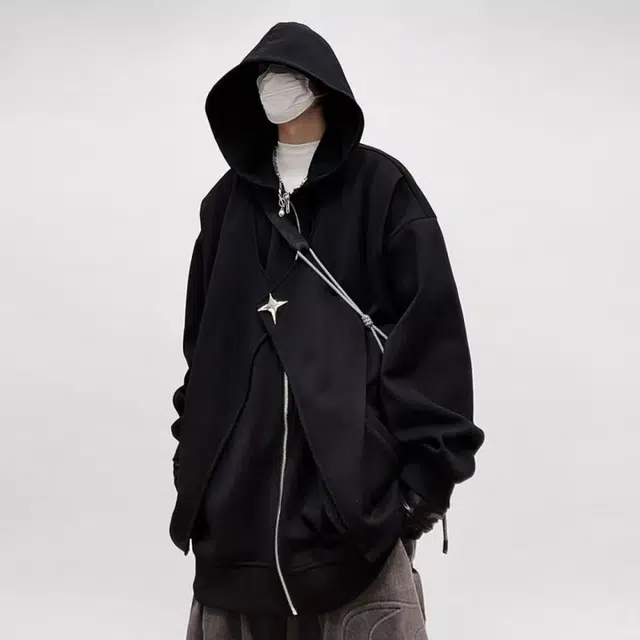 笔杏 静默美式复古高街重工机能暗黑废土风小众个性百搭设计宽松慵懒舒适城市日常通勤假两件痞帅连帽拉链开衫卫衣 男女同款