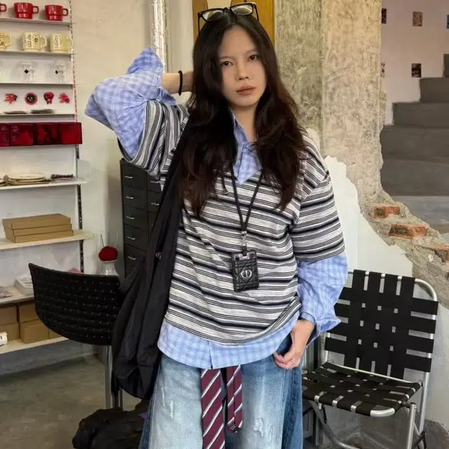 笔杏 韩系风格小众设计假两件条纹美式拼接潮牌痞帅时尚休闲宽松舒适百搭日常通勤欧式学院风港式上衣衬衫 男女同款