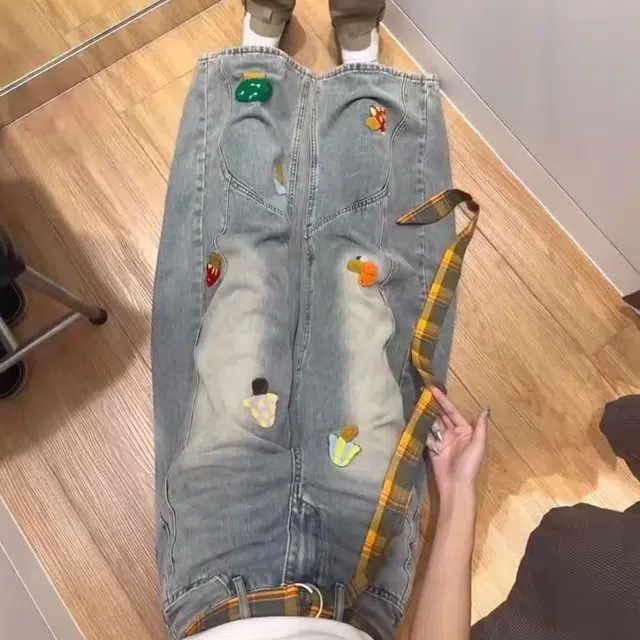 笔杏 刺绣腰带设计感款宽松显瘦直筒阔腿裤美式复古卡通蘑菇做旧潮流嘻哈元素牛仔裤 男女同款