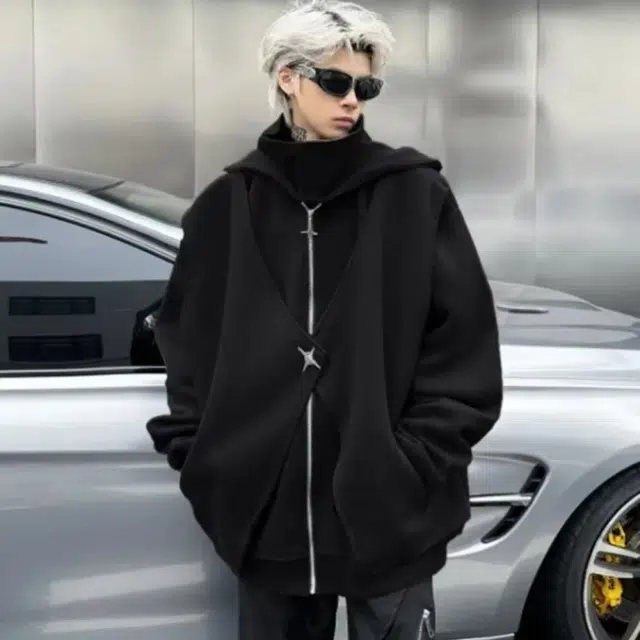 笔杏 静默美式复古高街重工机能暗黑废土风小众个性百搭设计宽松慵懒舒适城市日常通勤假两件痞帅连帽拉链开衫卫衣 男女同款