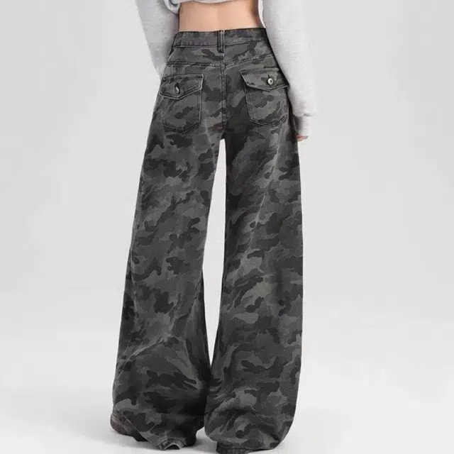 笔杏 经典迷彩印花深色系百搭高腰宽松版型显高显瘦裤腿拖地设计美式复古潮流穿搭慵懒风牛仔裤 男女同款