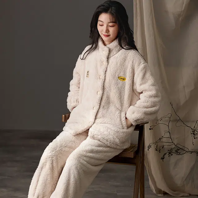 莫代尔 秋冬季珊瑚绒加绒加厚法兰绒高领韩版简约家居服保暖舒适睡衣套装 女款