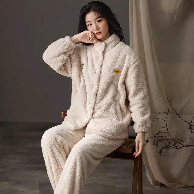 莫代尔 秋冬季珊瑚绒加绒加厚法兰绒高领韩版简约家居服保暖舒适睡衣套装 女款