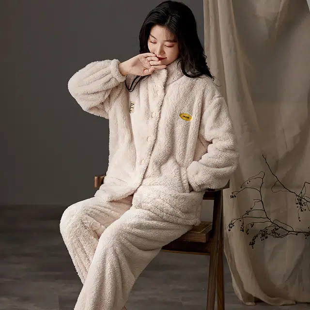 莫代尔 秋冬季珊瑚绒加绒加厚法兰绒高领韩版简约家居服保暖舒适睡衣套装 女款