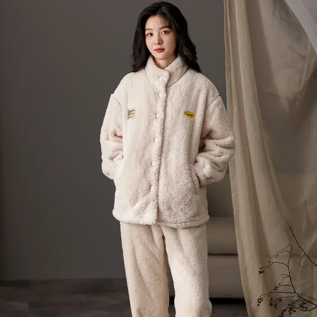 莫代尔 秋冬季珊瑚绒加绒加厚法兰绒高领韩版简约家居服保暖舒适睡衣套装 女款
