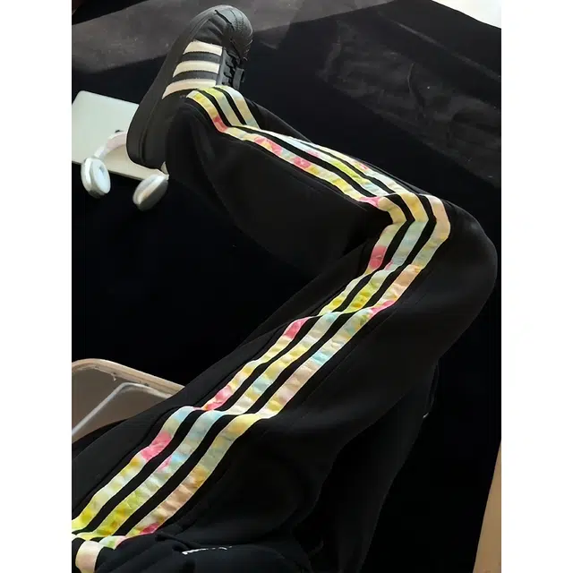 蛊惑 彩色条纹裤子美式高街三条杠运动卫裤宽松直筒休闲裤 男女同款