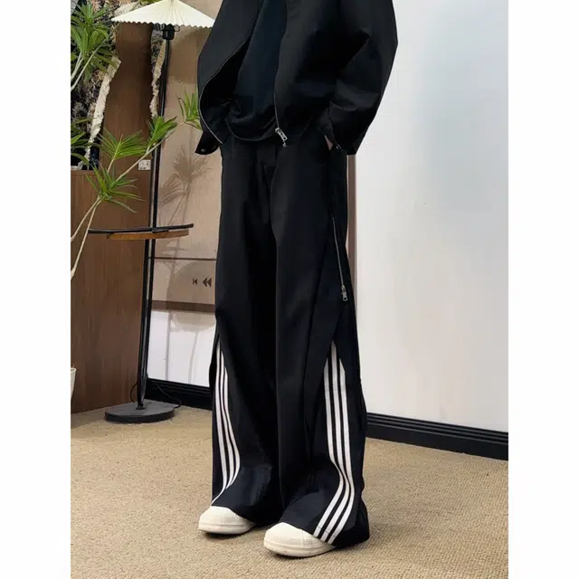 蛊惑 解构三条杠裤子美式垂感街舞运动宽松直筒休闲裤 男女同款