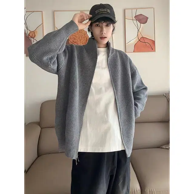 蛊惑 美式复古慵懒风宽松双拉链立领保暖长袖外套男春秋季纯色时尚百搭开衫针织衫 男女同款