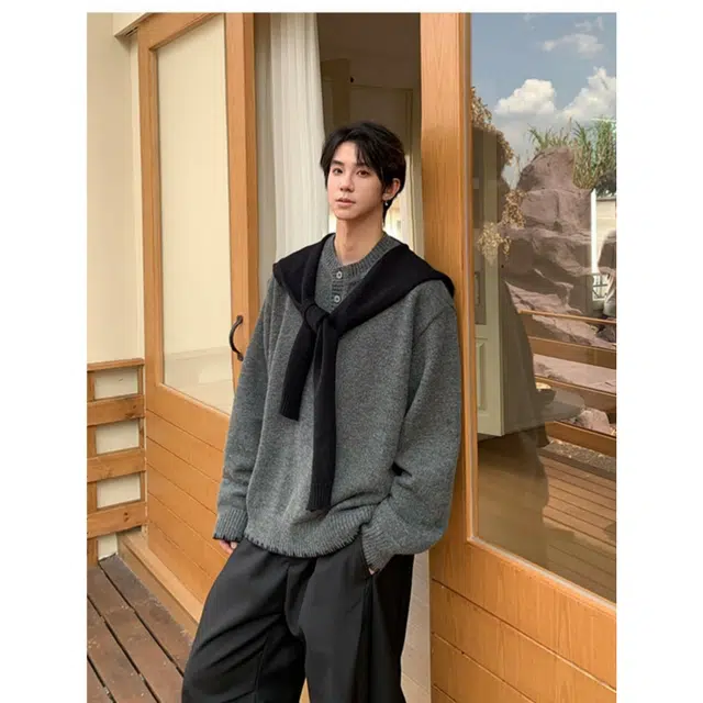 蛊惑 美式复古披肩假两件圆领毛衣外套韩系早秋穿搭慵懒风宽松针织衫 男女同款