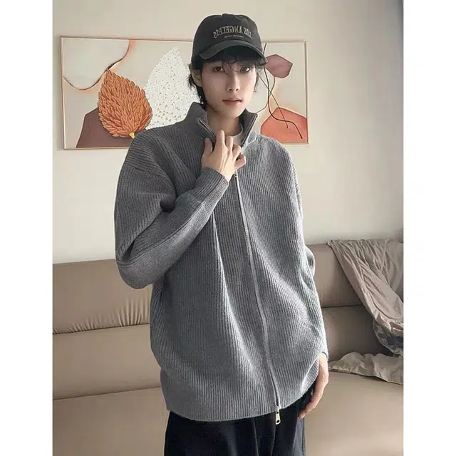 蛊惑 美式复古慵懒风宽松双拉链立领保暖长袖外套男春秋季纯色时尚百搭开衫针织衫 男女同款