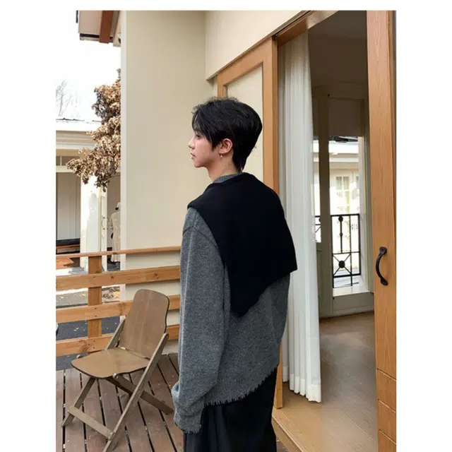 蛊惑 美式复古披肩假两件圆领毛衣外套韩系早秋穿搭慵懒风宽松针织衫 男女同款