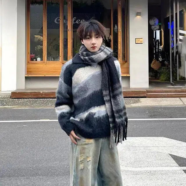 蛊惑 秋冬美式复古慵懒风仿貂毛撞色条纹男翻领宽松休闲套头上衣针织衫 男女同款