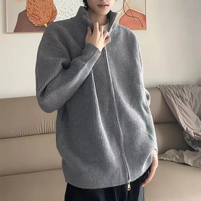 蛊惑 美式复古慵懒风宽松双拉链立领保暖长袖外套男春秋季纯色时尚百搭开衫针织衫 男女同款