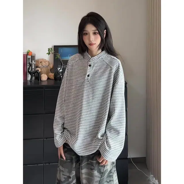 蛊惑 千鸟格亨利领上衣慵懒松弛感老钱风美式复古休闲潮流卫衣 男女同款