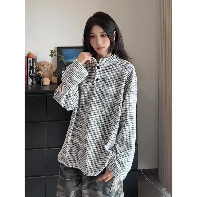 蛊惑 千鸟格亨利领上衣慵懒松弛感老钱风美式复古休闲潮流卫衣 男女同款