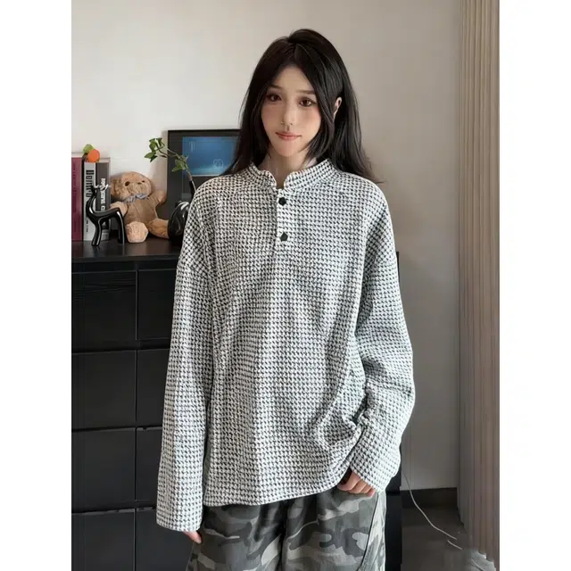 蛊惑 千鸟格亨利领上衣慵懒松弛感老钱风美式复古休闲潮流卫衣 男女同款