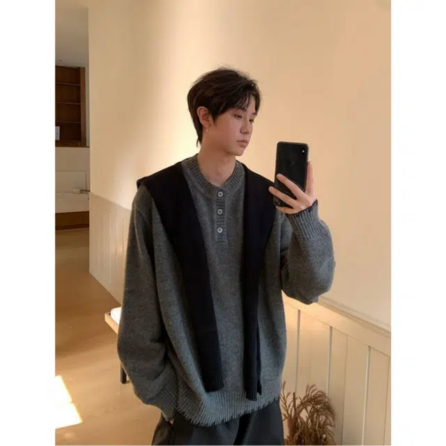 蛊惑 美式复古披肩假两件圆领毛衣外套韩系早秋穿搭慵懒风宽松针织衫 男女同款