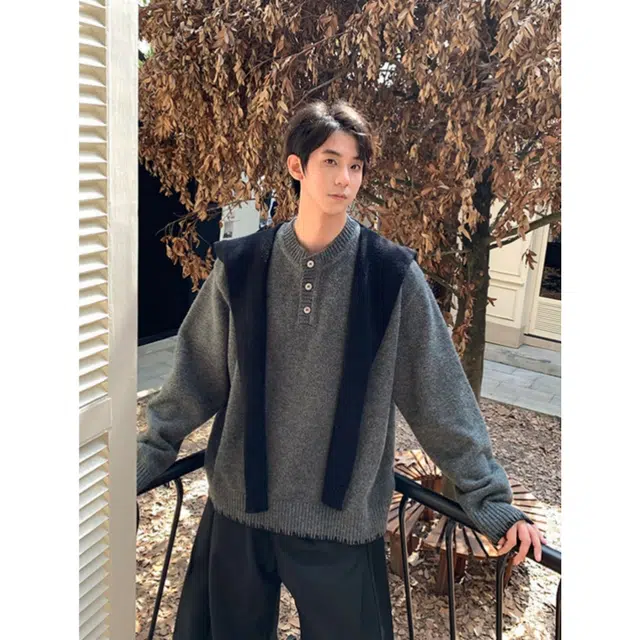 蛊惑 美式复古披肩假两件圆领毛衣外套韩系早秋穿搭慵懒风宽松针织衫 男女同款